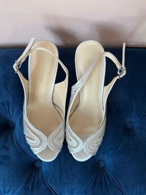 le chateau Ivory Beaded Peep-Toe Slingback Heels